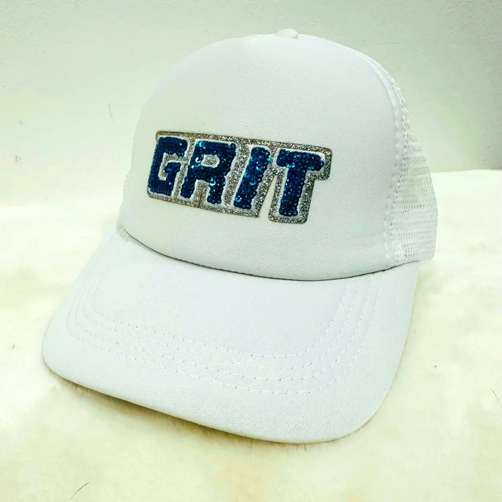 Detroit lions Grit trucker hat! with Blue sequin GRIT Logo!